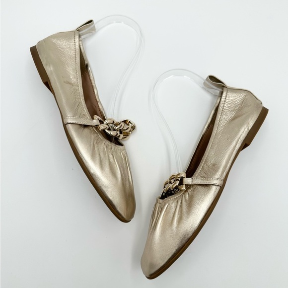 Aerosoles Ramen Soft Gold Metallic Leather Ballet Flats Chunky Chain - Picture 6 of 10